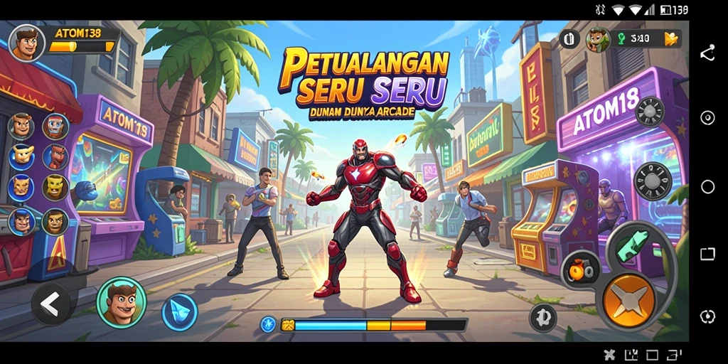 Tampilan gameplay seru dalam ATOM138 dengan aksi cepat dan colorful.