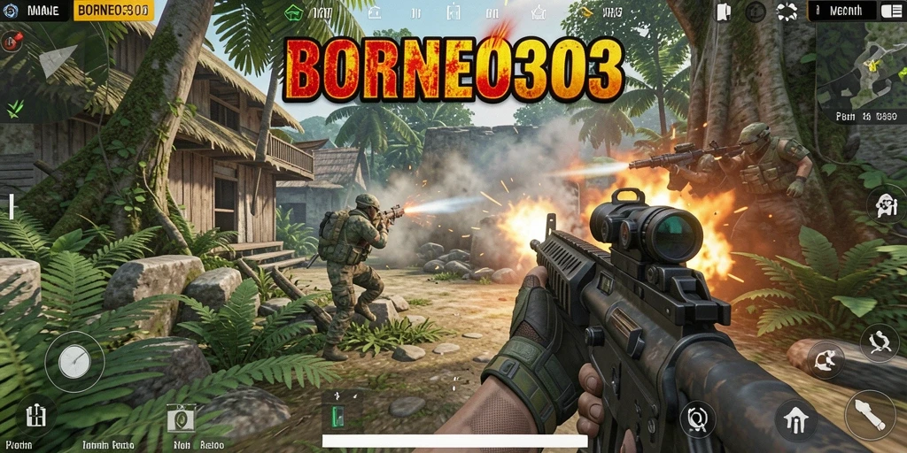 Tangkapan layar gameplay BORNEO303 menampilkan aksi tembak-menembak yang mendebarkan.