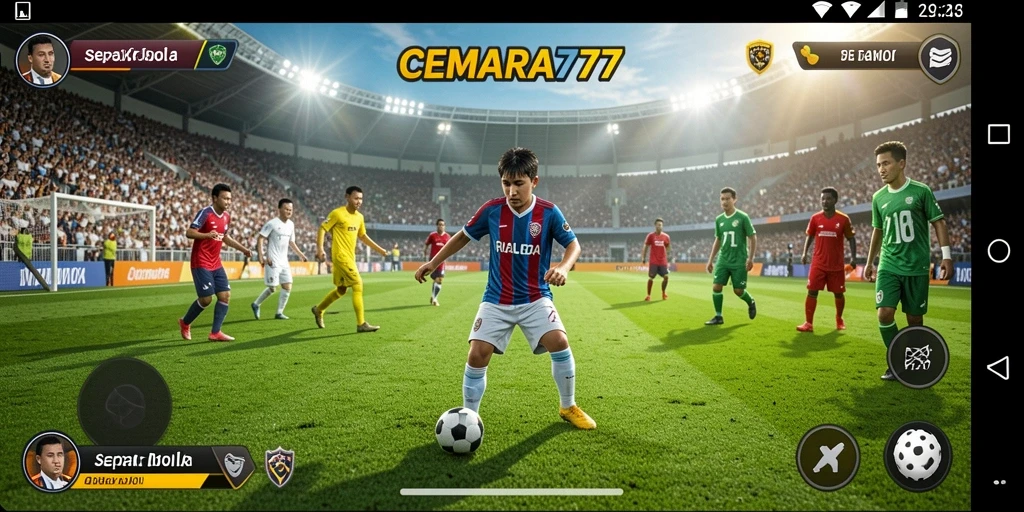Tampilan gameplay seru dalam CEMARA777 dengan aksi sepak bola yang memukau.