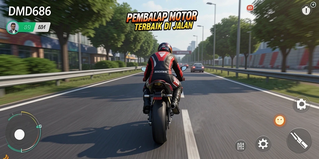 Tampilan gameplay DMD686 dengan aksi balap motor yang seru.
