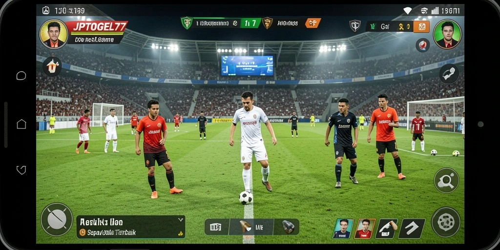Tampilan dinamis gameplay dalam JPTOGEL77 dengan aksi sepak bola yang seru.