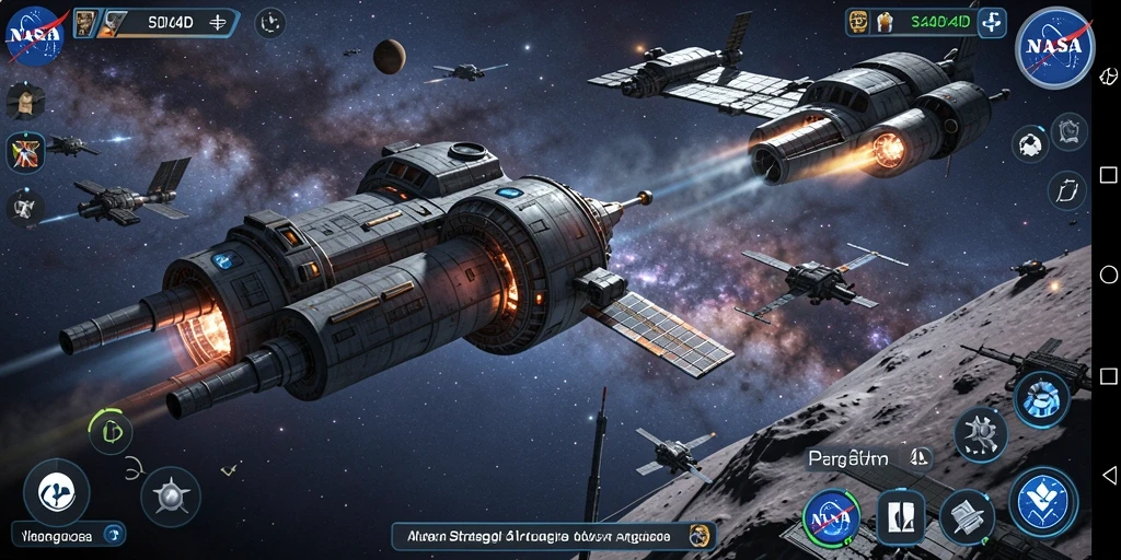 Screenshot di NASA4D menunjukkan aksi pertempuran luar angkasa yang mendebarkan.