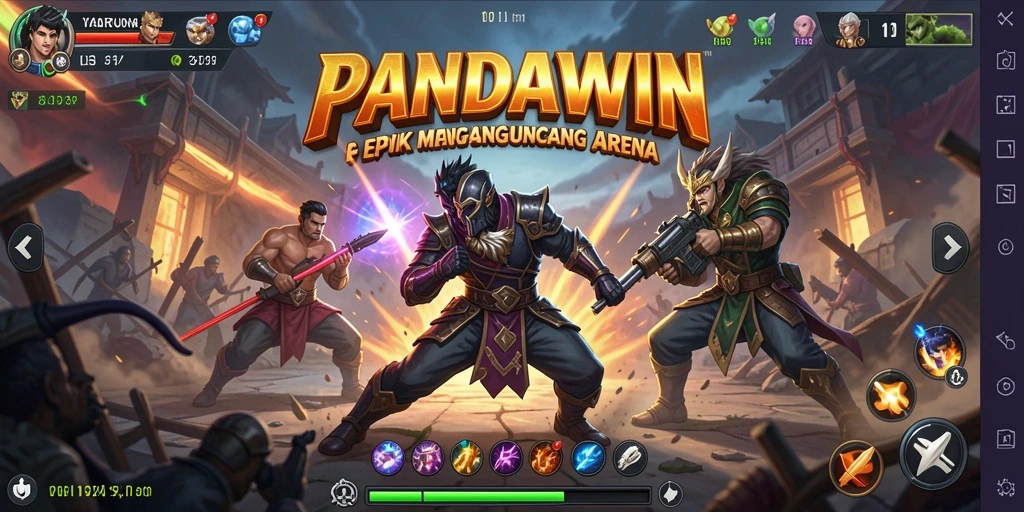 Tampilan gameplay <strong>PANDAWIN</strong> yang mendebarkan saat karakter bertarung di arena.