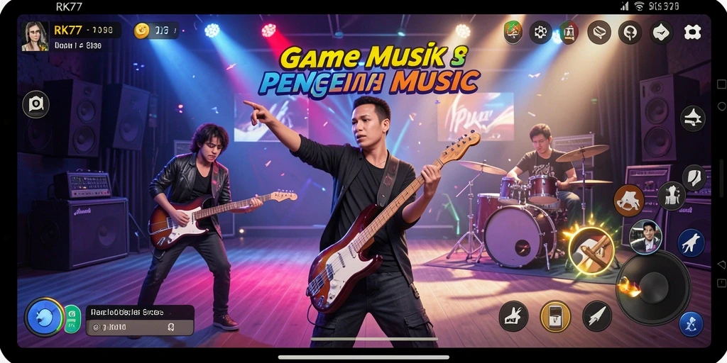 Screenshot RK77 yang menunjukkan gameplay seru dalam permainan musik.