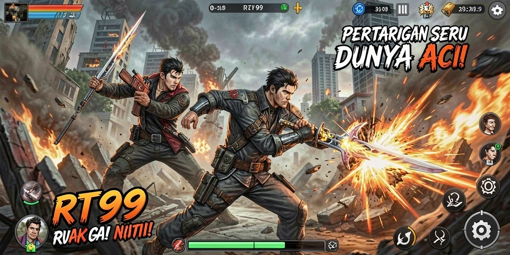 Tangkapan layar RT99 menampilkan aksi pertarungan seru dan gameplay menarik.